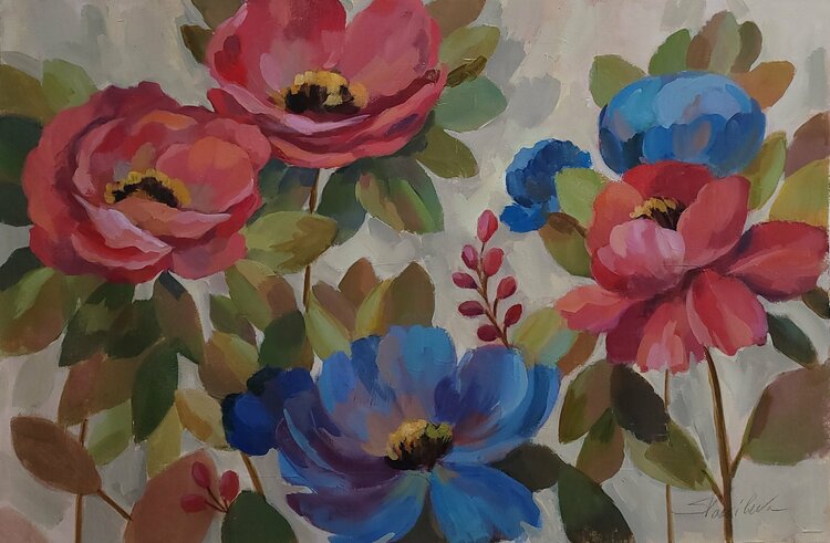 Coral and Blue Flowers by Silvia Vassileva