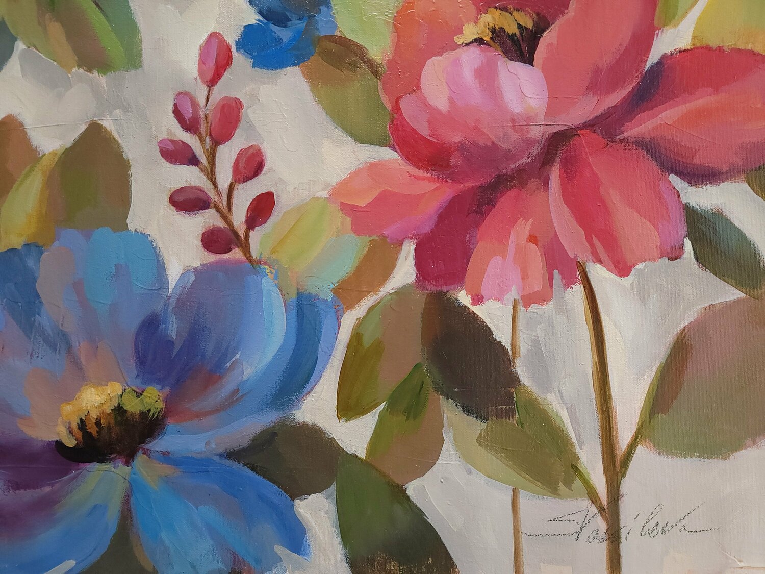 Coral and Blue Flowers - Detail 1